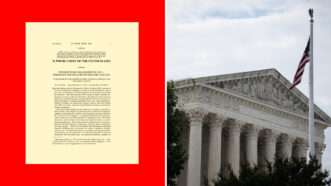 Court document on red background on the left, U.S. Supreme Court building on the right