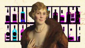 Painted image of Pauline Sabin in front of a separate background image of liquor bottles on a bar.