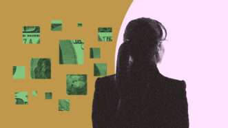 Silhouette of a woman next to images of dollar bills
