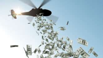 A helicopter dropping cash