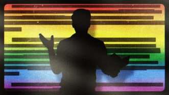 Teacher in profile in front of censored text and rainbow colors