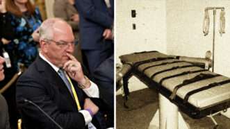 Gov. John Bel Edwards on the left, execution chamber on the right