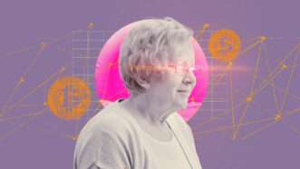 A purple background with orange and pink crypto symbols and a black and white photo of an old woman with pink laser eyes