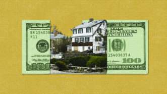 A coastal Connecticut home affected by Hurricane Sandy, betwixt a 100-dollar bill, against a yellow background.