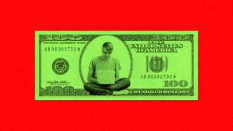 bright green money with someone on a laptop in the middle on a bright red background