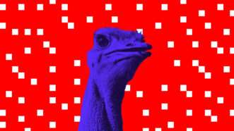 A purple ostrich head and neck on a red background with white shapes