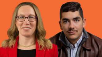 Headshots of Hester Peirce and Nic Carter on an orange background