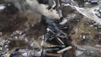 Aerial footage shows the train derailment in East Palestine, Ohio