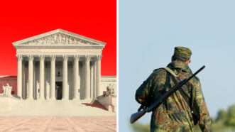 U.S. Supreme Court with a red background on one side, a hunter with a gun slung over his back on the other