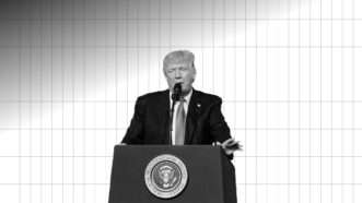 Donald Trump speaking at a podium in black and white on a black and white grid background