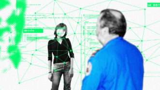 A TSA agent surveils a young woman using facial recognition technology.