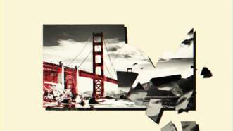 San Francisco Golden Gate Bridge crumbling photo on a yellow background