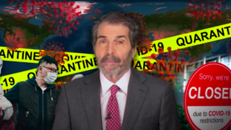 John Stossel stands in front of coronavirus particles with caution tape and a sign for COVID-19 restrictions