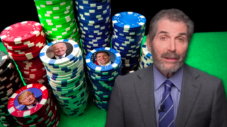 John Stossel is seen in front of poker chips bearing the faces of Donald Trump, Joe Biden, and Ron DeSantis